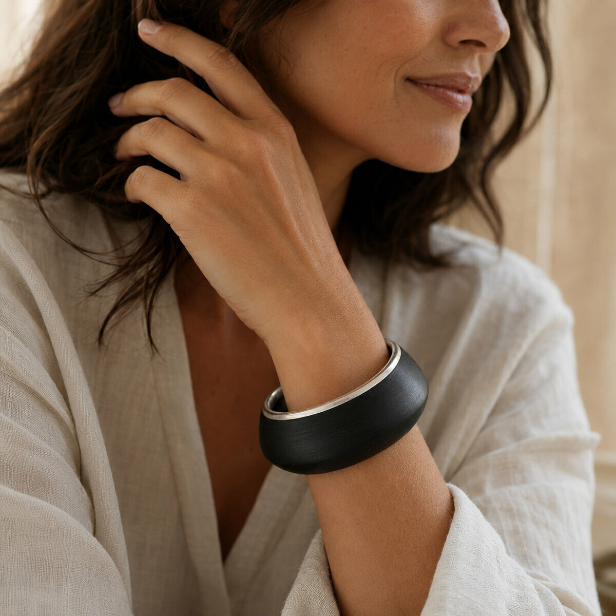 Ebony and Sterling Silver 925 Bangle � Sculptural Black Wood Design