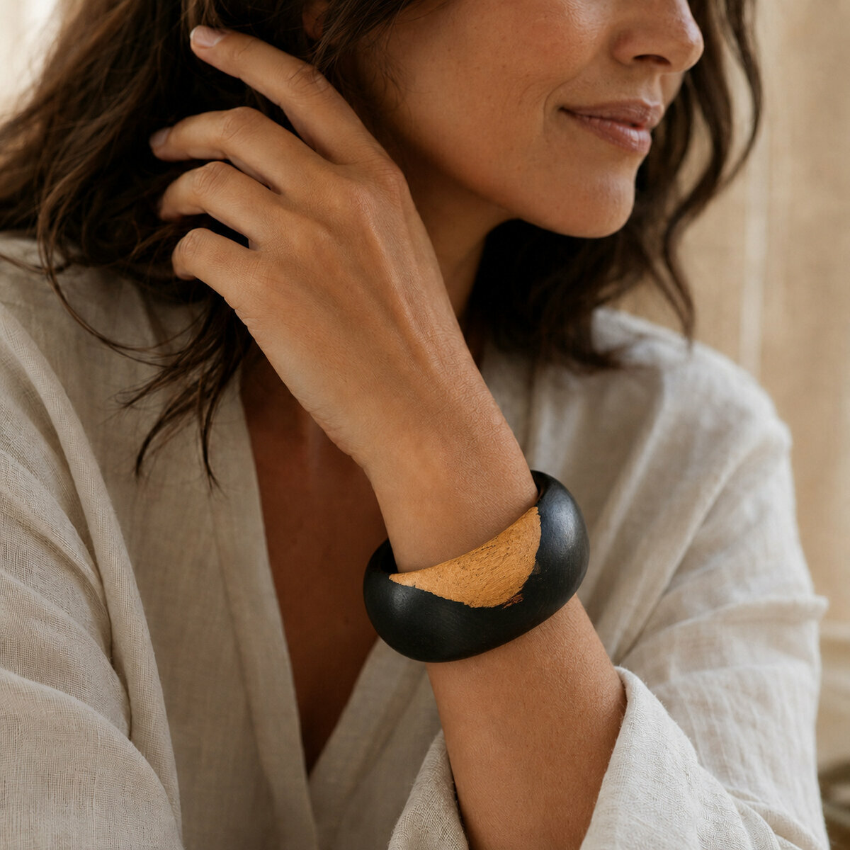Solid Ebony Pebble Bracelet � Handmade Two Tone Natural Wood Cuff