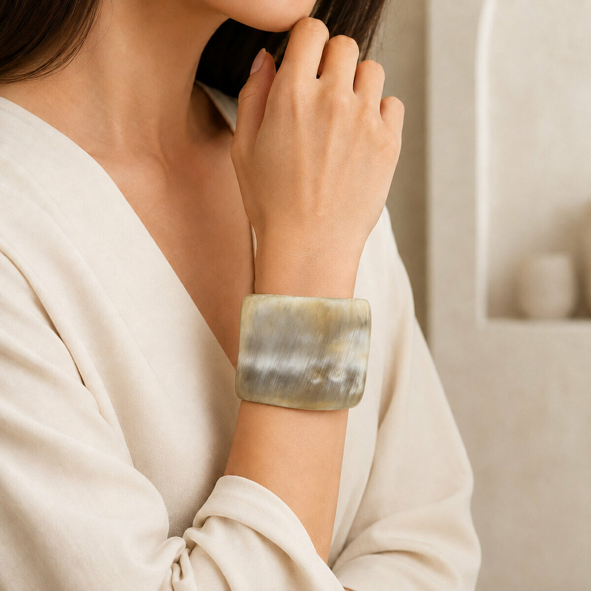 Natural Grey Horn Cuff � Handmade Wide Bracelet for Small Wrists