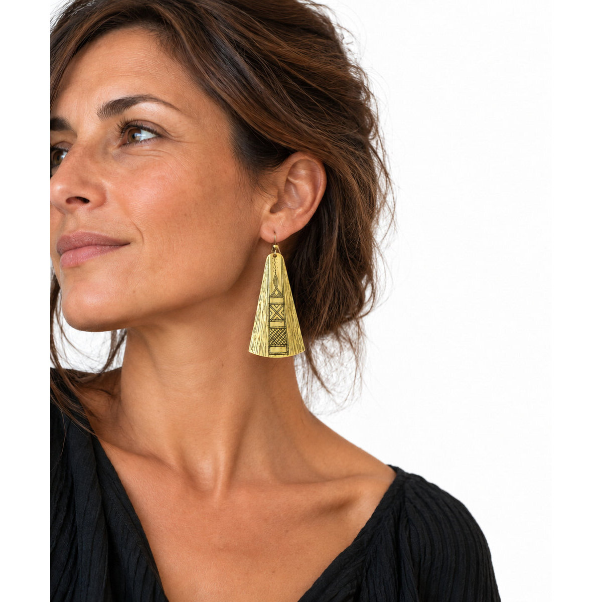 Large Hand-Engraved Brass Drop Earrings � 10 cm