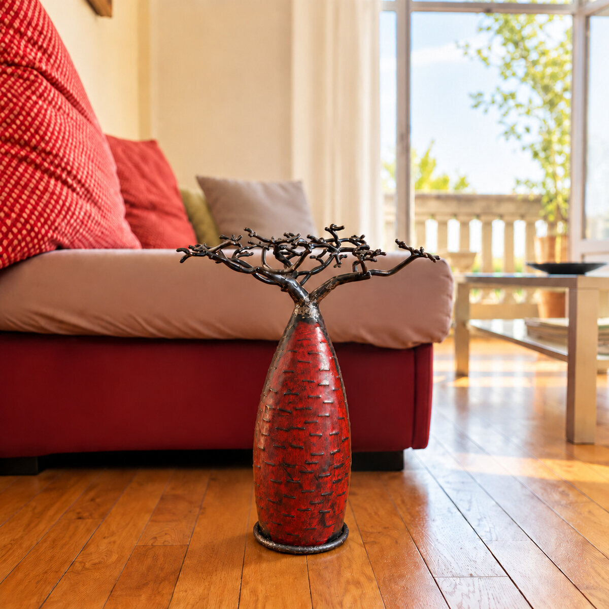 Red Recycled Metal Baobab � Handmade Decorative Tree, 40 cm