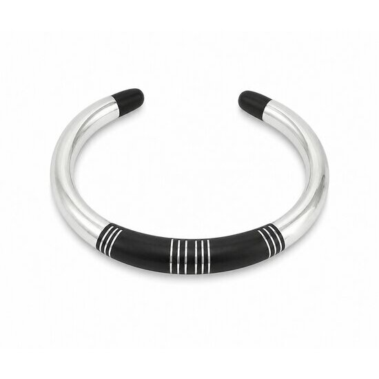 Sterling Silver 925 Ebony Cuff Bracelet � Handmade Two-Material Luxury Bangle
