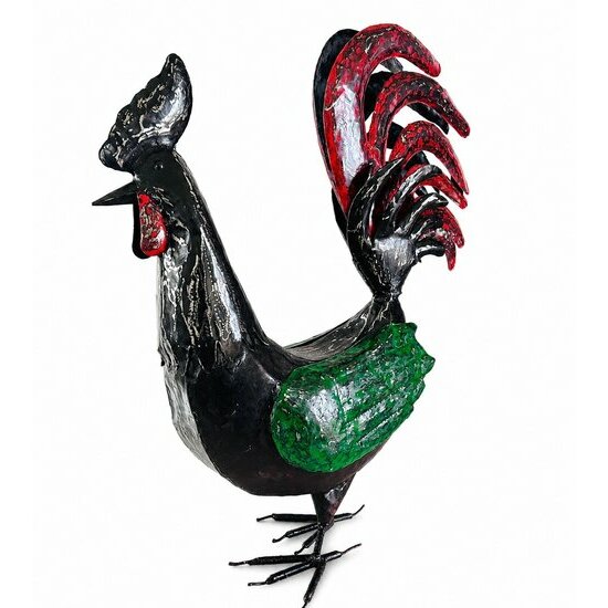 red-black-green-metal-rooster-sculpture-handmade-madagascan-craft