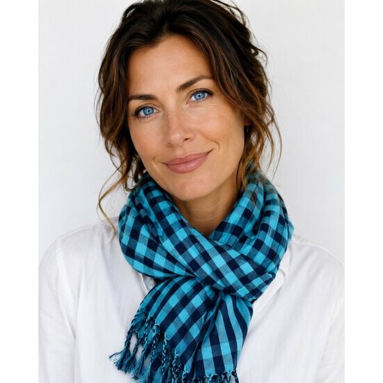Cambodian Krama Scarf Turquoise Blue & Navy 175 x 95 cm � Handmade Cotton Scarf