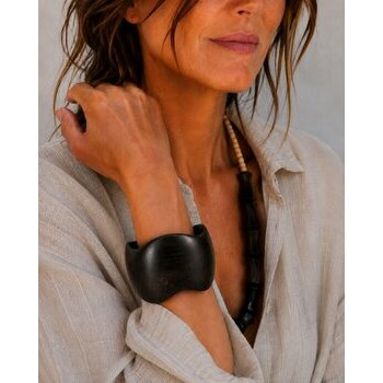 Wide Ebony Bracelet Worn � Sculptural Black Wood Cuff