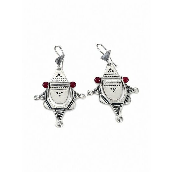 Agadez Tuareg Earrings � Engraved Sterling Silver with Red Beads
