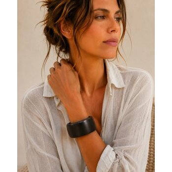Flat Ebony Bracelet Worn � Wide Black Wood Minimalist Bangle