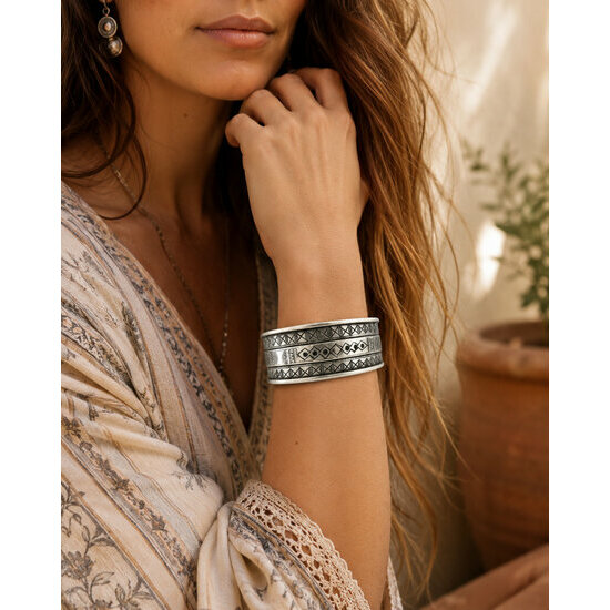Tuareg Sterling Silver and Ebony Bracelet Worn � Exceptional Engraved Cuff