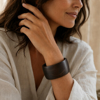 Tall Ebony Cuff Worn � Sculptural Black Wood Bracelet for Women