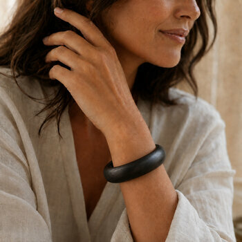 Open Ebony Bracelet Worn � Lightweight Black Wood Jewelry with Clean Design