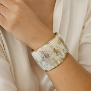 Natural Blonde Horn Cuff – Handmade Honey Marbled Bracelet Blonde Natural Horn Cuff Bracelet Worn by a Woman