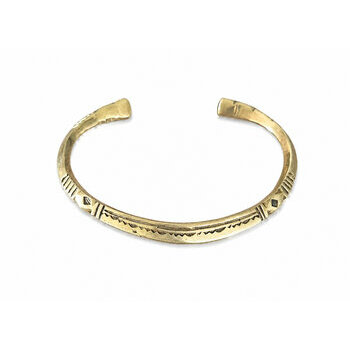 Engraved Tuareg Brass Bracelet – Open Cuff for Medium to Large Wrists Tuareg Brass Bracelet Worn – Slim Hand Engraved Cuff for Women