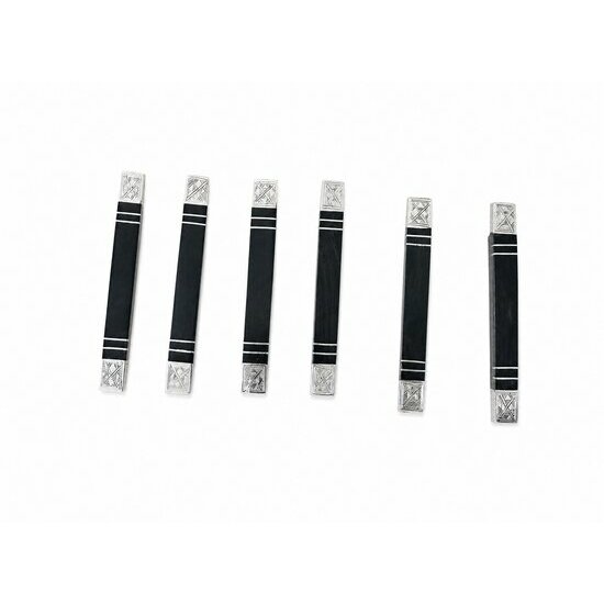 Set of 6 Tuareg Silver & Ebony Knife Rests – Handmade Tableware with Leather Box Ebony and Engraved Silver Knife Rests – Handmade Dining Table Accessories