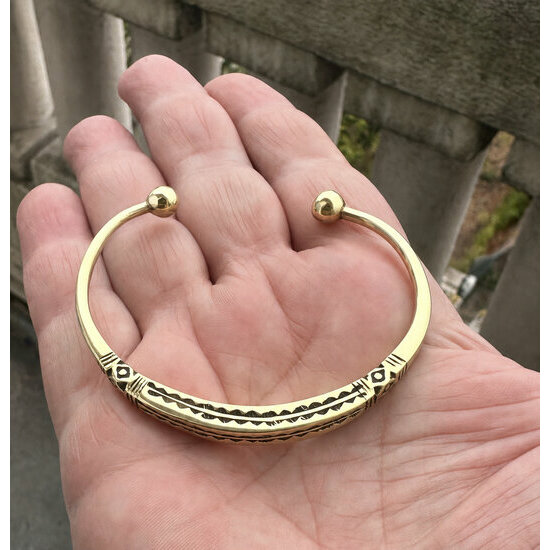 Slim Tuareg Brass Cuff – Handmade Engraved Open Bracelet Handmade Open Brass Bracelet – Rounded Ends and Engraved Detail