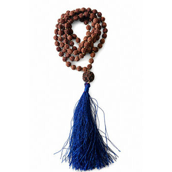 Long Rudraksha Mala Necklace – Japa Beads with Choice of Tassel Color Rudraksha Japa Mala Beads – Spiritual Necklace with Blue Tassel
