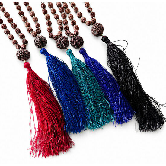 Long Rudraksha Mala Necklace – Japa Beads with Choice of Tassel Color Natural Rudraksha Seed Mala – Bead and Tassel Detail