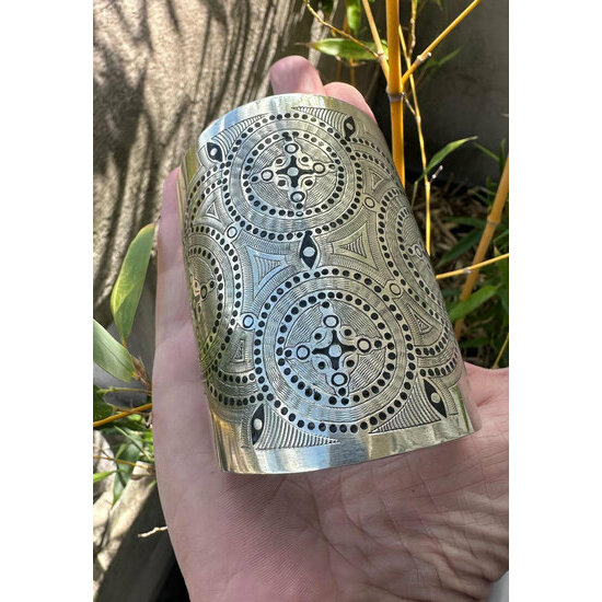 Wide Mauritanian Silver Alloy Cuff – Handmade Engraved Bracelet Wide Mauritanian Bracelet in Hand – Handmade Geometric Engravings