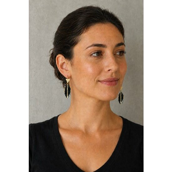 Ebony Wood & Brass Drop Earrings – Handmade Leaf Earrings Wood Earrings for Women Worn – Ebony and Gold Brass Drop Earrings