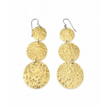 Hammered Brass Drop Earrings – Handmade Gold Tone Statement Earrings Hammered Brass Drop Earrings – Three Handmade Gold Tone Discs