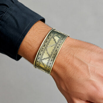 Gold Tone Cuff Bracelet for Men Women – Wide Hand Engraved Brass Cuff Wide Gold Bracelet for Men Worn – Adjustable Brass Cuff