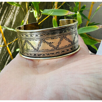 Gold Tone Cuff Bracelet for Men Women – Wide Hand Engraved Brass Cuff Hand Engraved Brass Cuff – Gold Statement Bracelet for Men Women