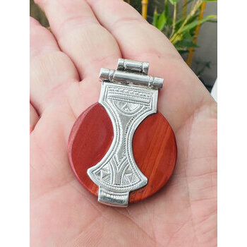 Red Jasper Sterling Silver Pendant – Hand Engraved Tuareg Jewelry Red Jasper Pendant in Hand – Handmade Engraved Sterling Silver Jewelry