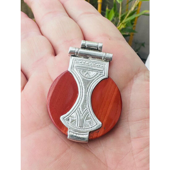 Red Jasper Sterling Silver Pendant – Hand Engraved Tuareg Jewelry Red Jasper Pendant in Hand – Handmade Engraved Sterling Silver Jewelry