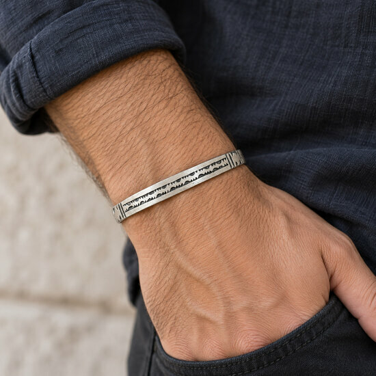 Unisex Sterling Silver & Ebony Bracelet – Slim Hand Engraved Cuff Sterling Silver Bracelet for Men and Women Worn – Slim Black and Silver Cuff