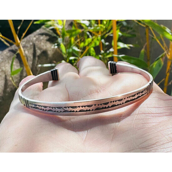Unisex Sterling Silver & Ebony Bracelet – Slim Hand Engraved Cuff Sterling Silver and Ebony Wood Bracelet – Handmade Unisex Jewelry