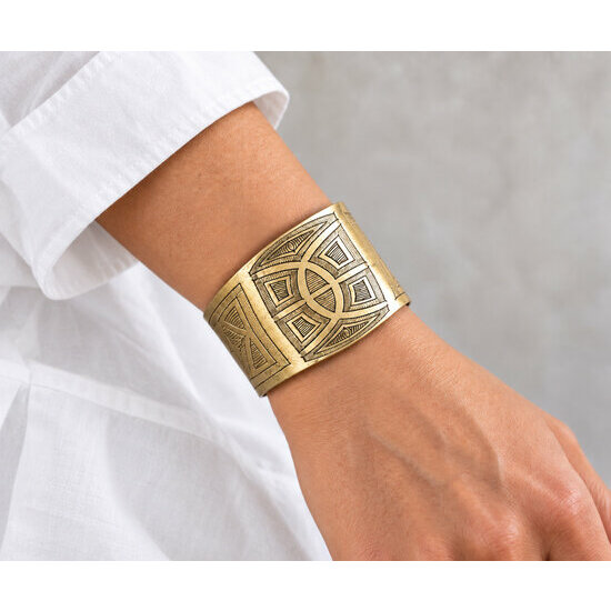 Art Deco Brass Cuff – Wide Adjustable Geometric Bracelet Wide Gold Tone Bracelet for Women Worn – Adjustable Art Deco Cuff