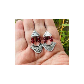 Sterling Silver & Red Bead Drop Earrings – Handmade Engraved Jewelry Silver and Red Bead Earrings – Handmade Artisan Jewelry