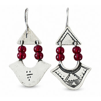Sterling Silver & Red Bead Drop Earrings – Handmade Engraved Jewelry 925 Silver Earrings Signed in Tifinagh – Hand Engraved Tuareg Jewelry