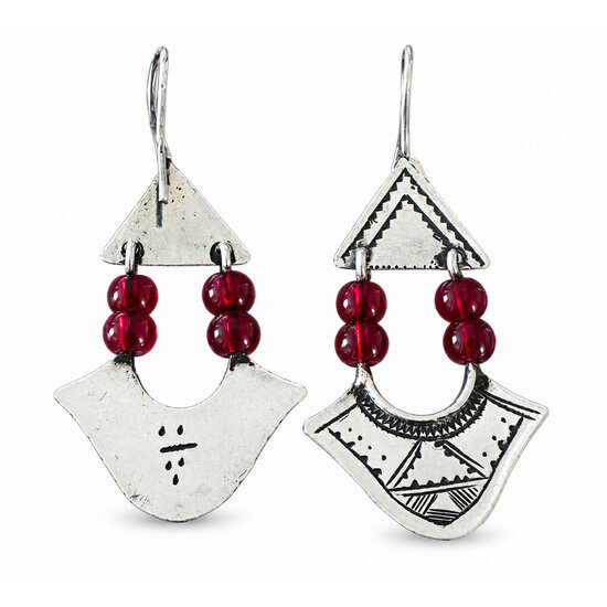 Sterling Silver & Red Bead Drop Earrings – Handmade Engraved Jewelry 925 Silver Earrings Signed in Tifinagh – Hand Engraved Tuareg Jewelry