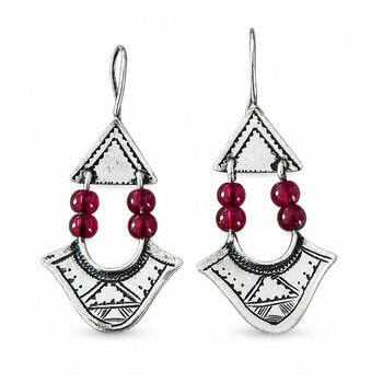 Sterling Silver & Red Bead Drop Earrings – Handmade Engraved Jewelry Sterling Silver Earrings for Women – Hand Engraved Red Drop Earrings