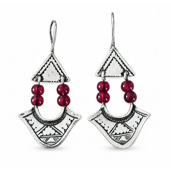 Sterling Silver & Red Bead Drop Earrings � Handmade Engraved Jewelry