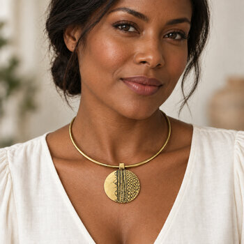 Gold Choker Necklace for Women – Handmade Round Brass Pendant Gold Choker Necklace for Women Worn – Round Brass Pendant