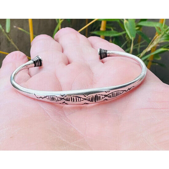 Slim Sterling Silver Bracelet – Handmade Minimalist Unisex Cuff Silver and Ebony Bracelet – Slim Unisex Cuff with Graphic Design