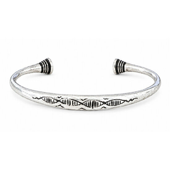Slim Sterling Silver Bracelet – Handmade Minimalist Unisex Cuff Hand Engraved Sterling Silver Cuff – Slim Bracelet with Ebony Details