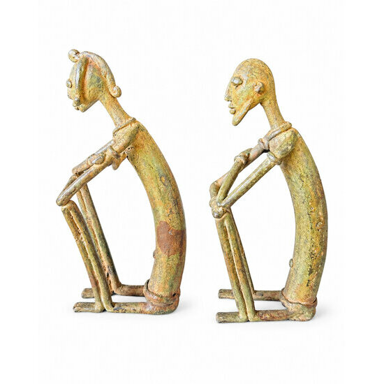 Pair of Brass Dogon Figurines – Seated Couple, 18 cm Gift for a Couple – Pair of Brass Dogon Figurines, Left Side View