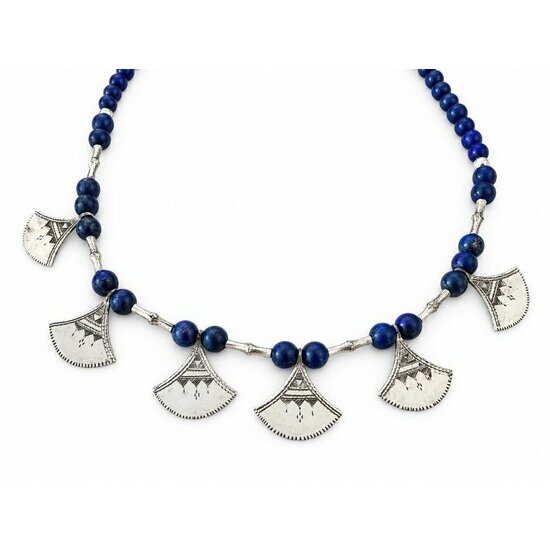 Lapis Lazuli & Sterling Silver Necklace – Shat Shat, 16.14 Inches Shat Shat Lapis Lazuli Necklace – Six Engraved Sterling Silver Charms