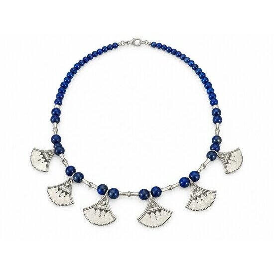 Lapis Lazuli & Sterling Silver Necklace – Shat Shat, 16.14 Inches Handmade Lapis Lazuli and Sterling Silver Necklace, 16.14 Inches – Full View with Clasp
