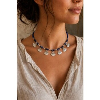 Lapis Lazuli & Sterling Silver Necklace – Shat Shat, 16.14 Inches Short Lapis Lazuli and Sterling Silver Necklace – Worn View