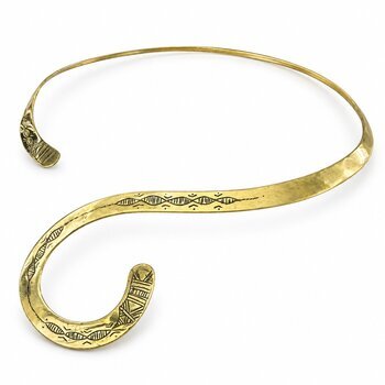 Asymmetric Brass Collar Necklace – Hand-Engraved Open Choker Hand-Engraved Brass Open Collar Necklace – Angled View
