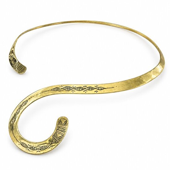 Asymmetric Brass Collar Necklace – Hand-Engraved Open Choker Hand-Engraved Brass Open Collar Necklace – Angled View