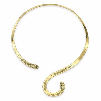 Asymmetric Brass Collar Necklace – Hand-Engraved Open Choker Adjustable Brass Torque Necklace – Full View of the Asymmetric Design