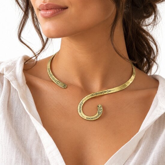 Asymmetric Brass Collar Necklace – Hand-Engraved Open Choker Women's Brass Torque Necklace – Asymmetric Choker Worn on the Neck