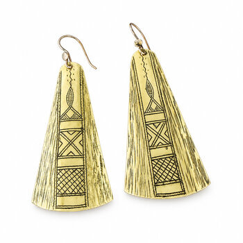 Hand-Engraved Brass Earrings, 10 cm � Front View of Geometric Patterns