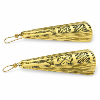 Long Brass Earrings � Flat View of Engraved Details and Hooks