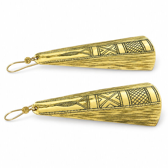 Long Brass Earrings � Flat View of Engraved Details and Hooks