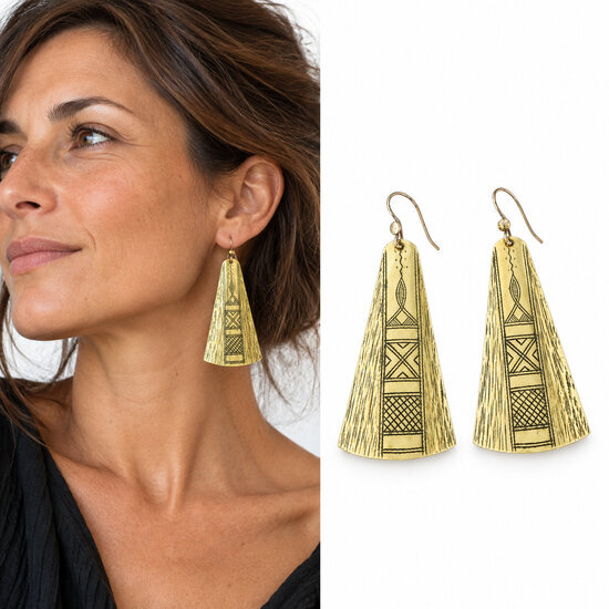 Engraved Tuareg Brass Earrings � Pair and Worn View